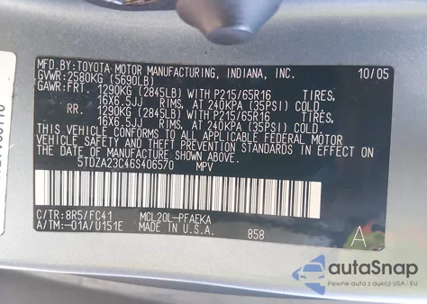 2006 Toyota Sienna Le z USA, uszkodzony, nr VIN 5TDZA23C46S406570